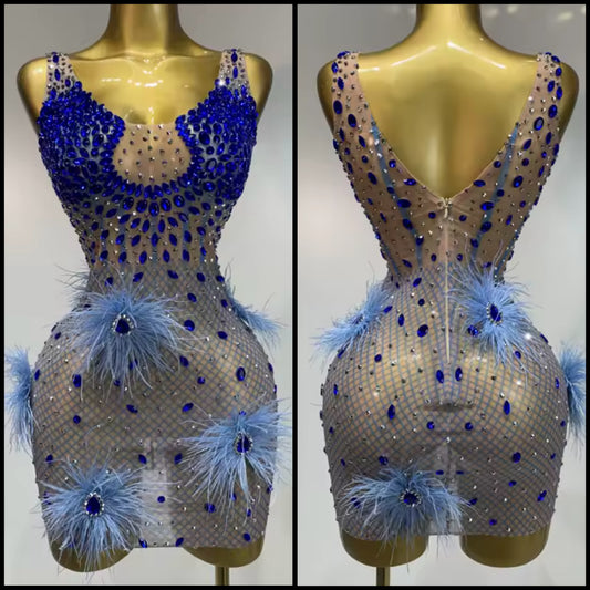 Sexy Sleeveless See Through Blue Rhinestone Feather Dress