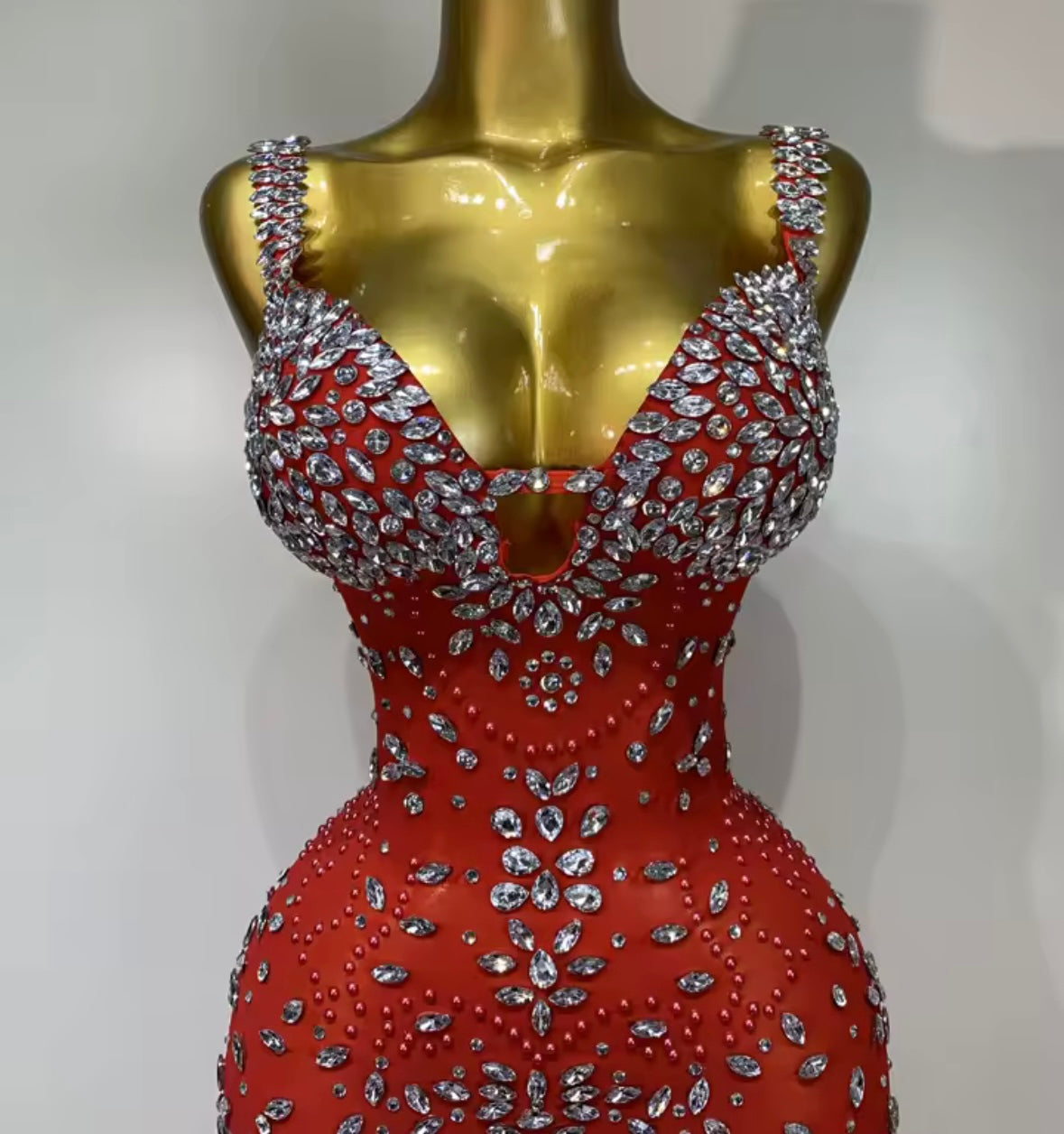 Red Sexy Sleeveless Rhinestone Feather Floor-Length Dress