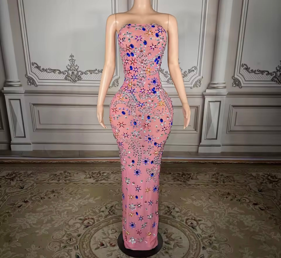 Pink Sexy Strapless Crystal Rhinestone Maxi Dress