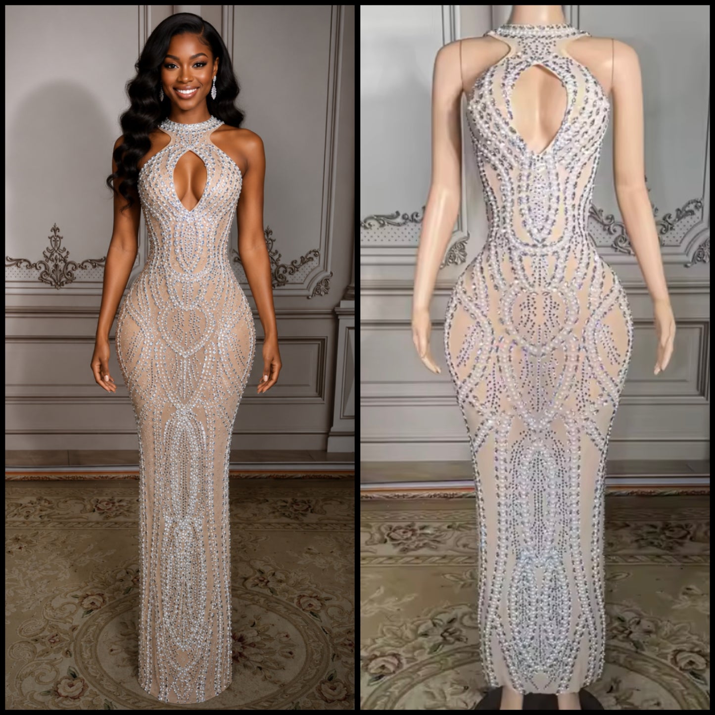 Sexy Sleeveless Pearl Rhinestone See Through Maxi Dress