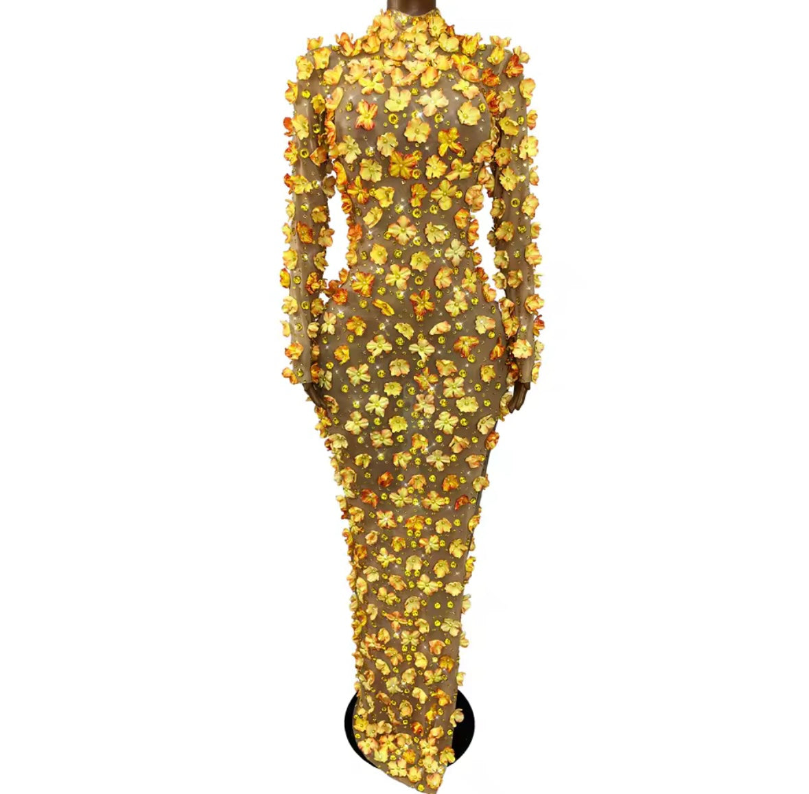 Sexy Full Sleeve Floral Rhinestone Maxi Dress