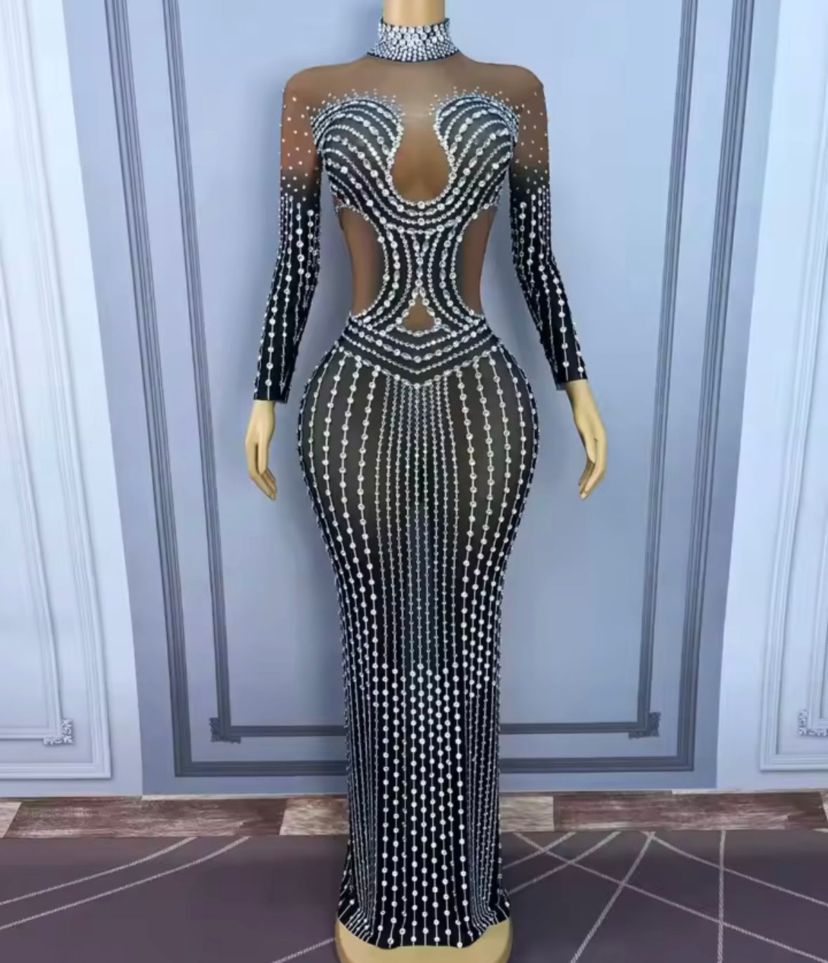 Sexy Rhinestone Full Sleeve Floor-Length Dress