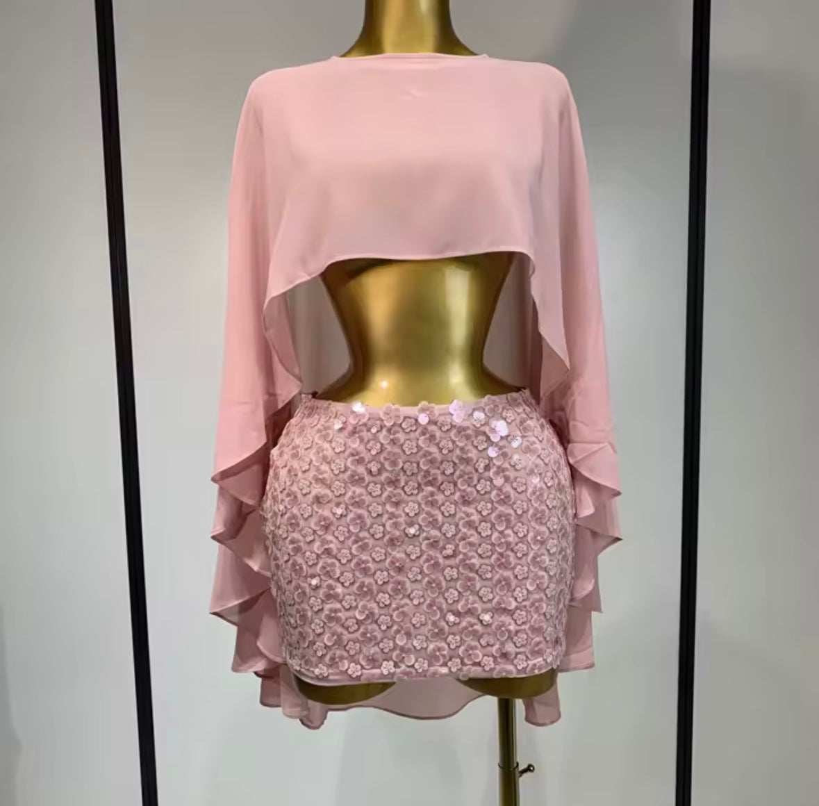 Sexy See Through Asymmetrical Top Flower Sequins Skirt Set