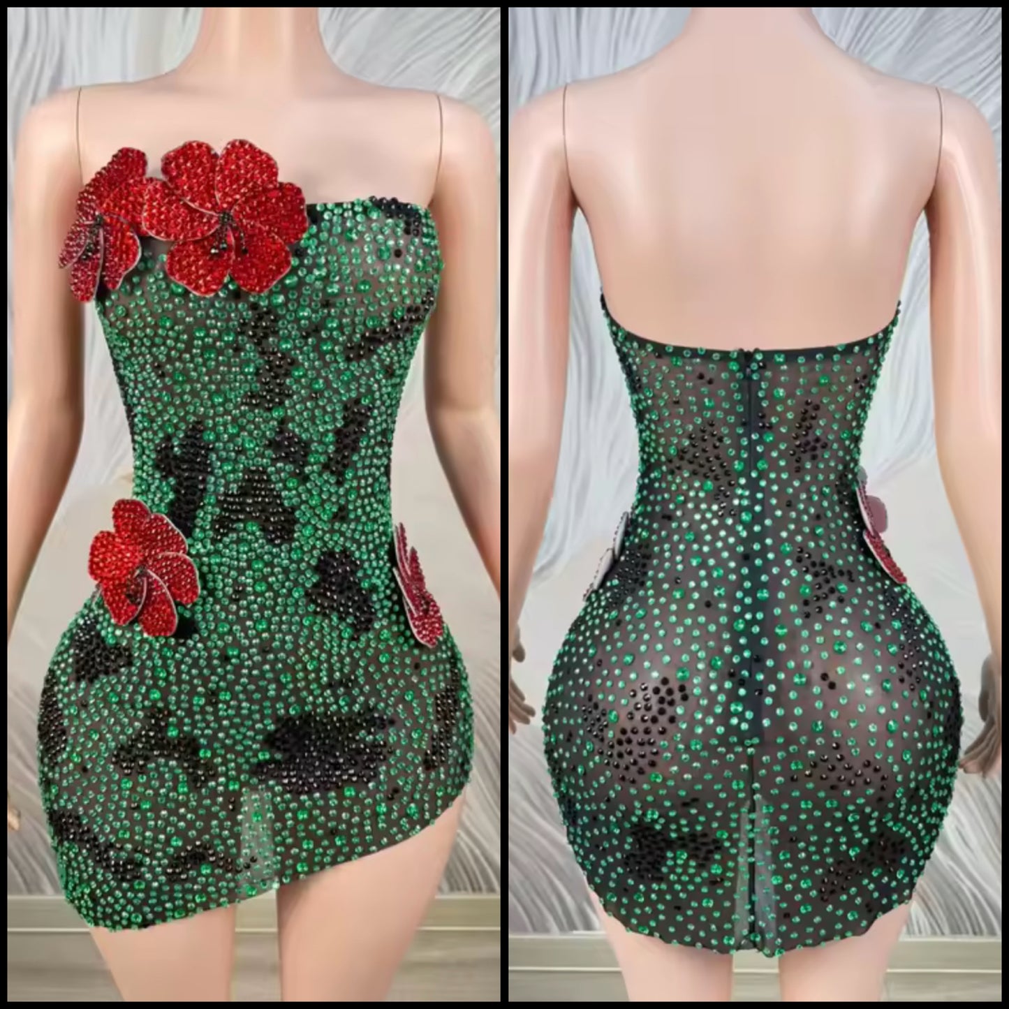 Sexy Strapless Floral Rhinestone Dress
