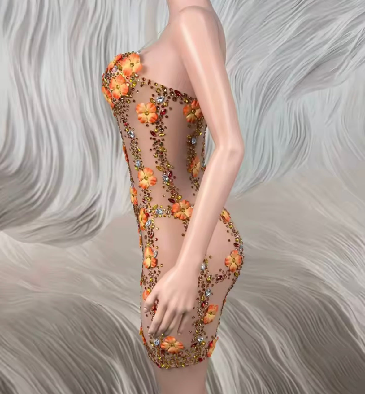 Sexy Sleeveless Rhinestone Orange Floral See Through Dress