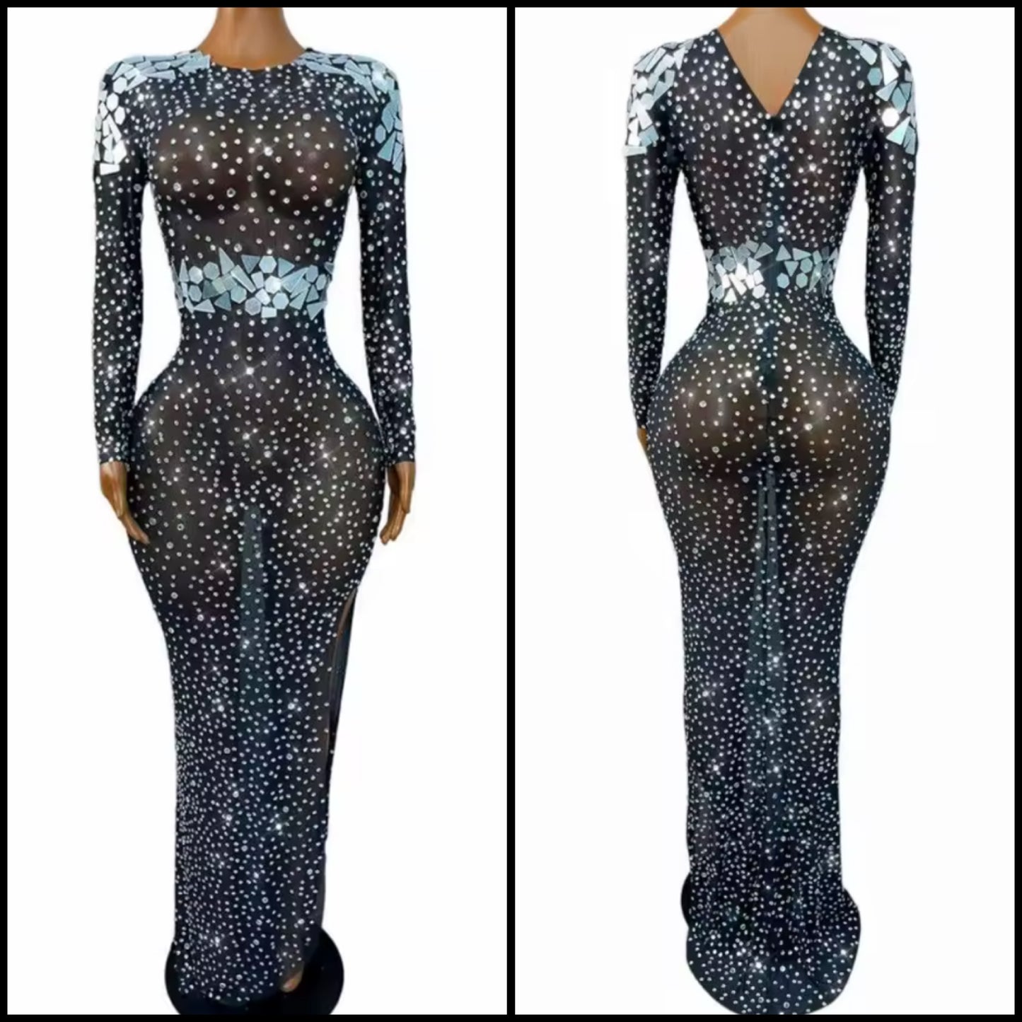 Sexy Rhinestone Mirror Black Full Sleeve Side Split Maxi Dress