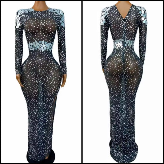 Sexy Rhinestone Mirror Black Full Sleeve Side Split Maxi Dress