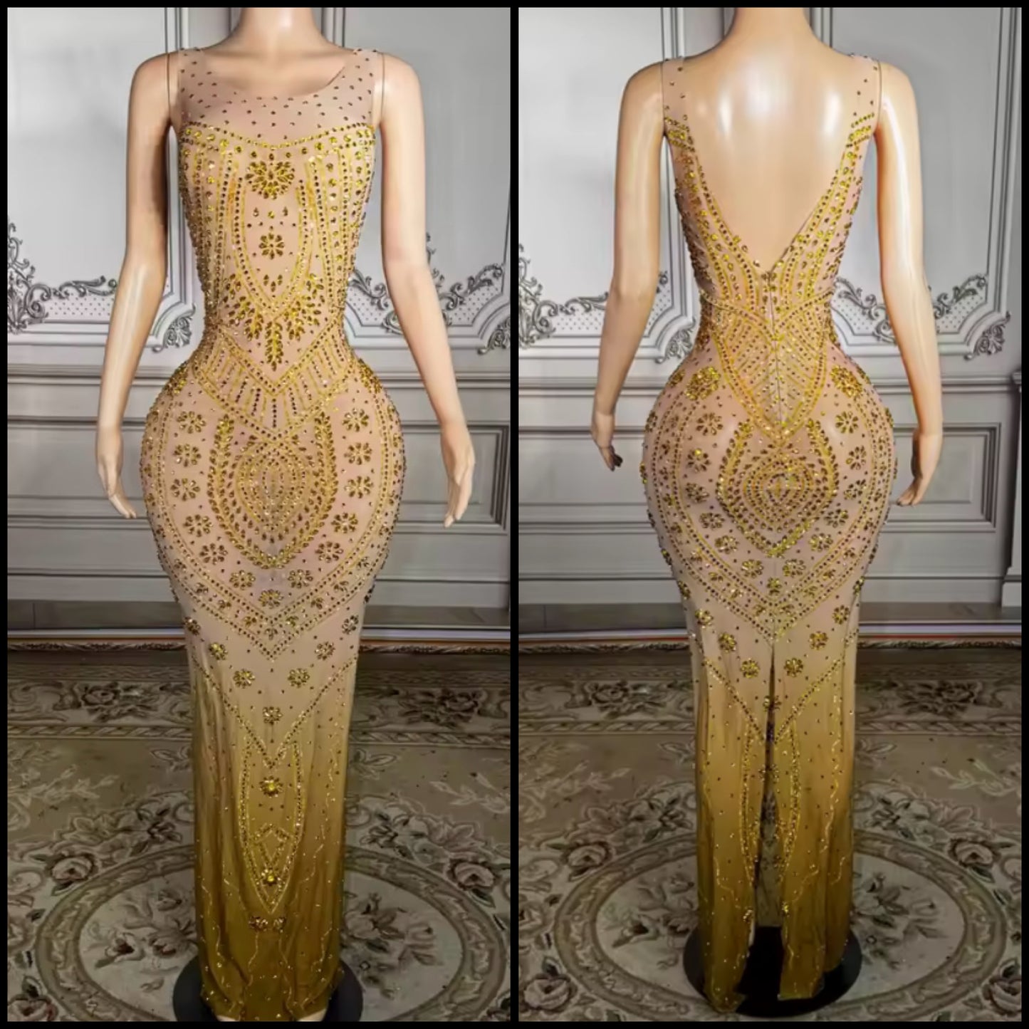 Gold Rhinestone Embellishment See Through Sleeveless Maxi Dress