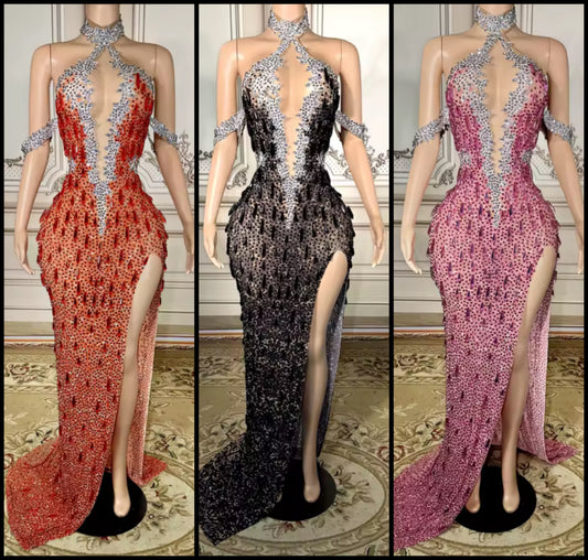 Sexy Halter Sleeveless Rhinestone Embellishment Maxi Dress