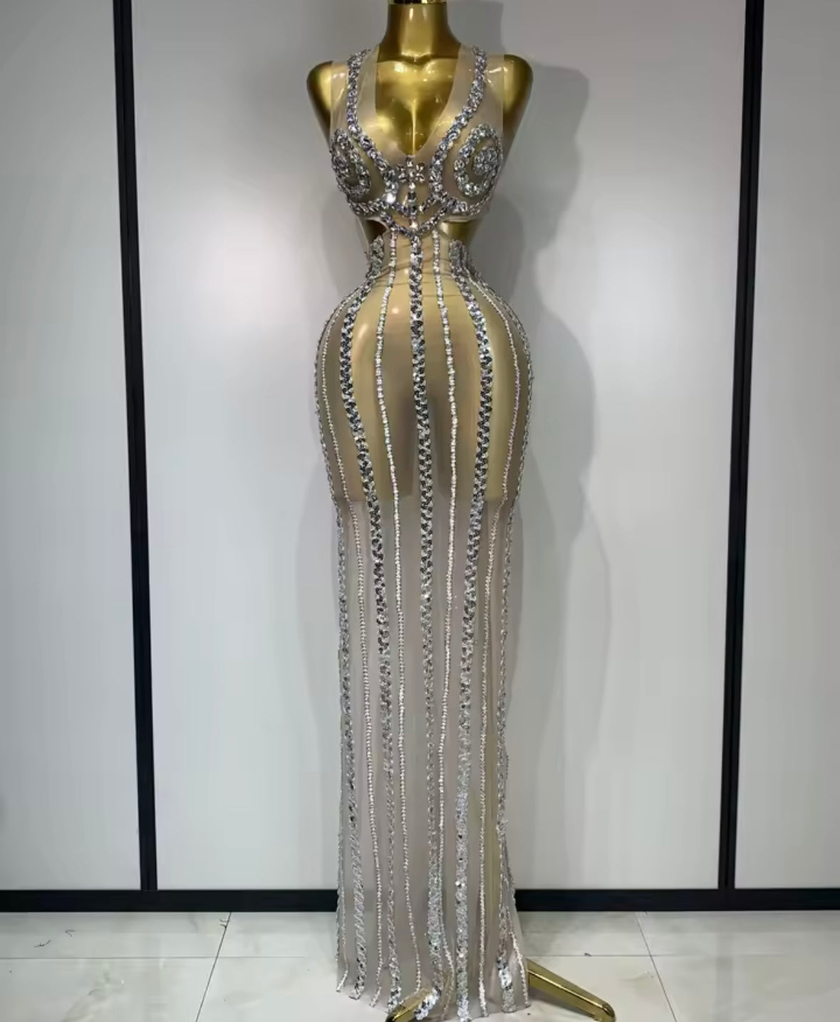 Sexy Halter Sequins Crystal Open Back Floor-Length Dress