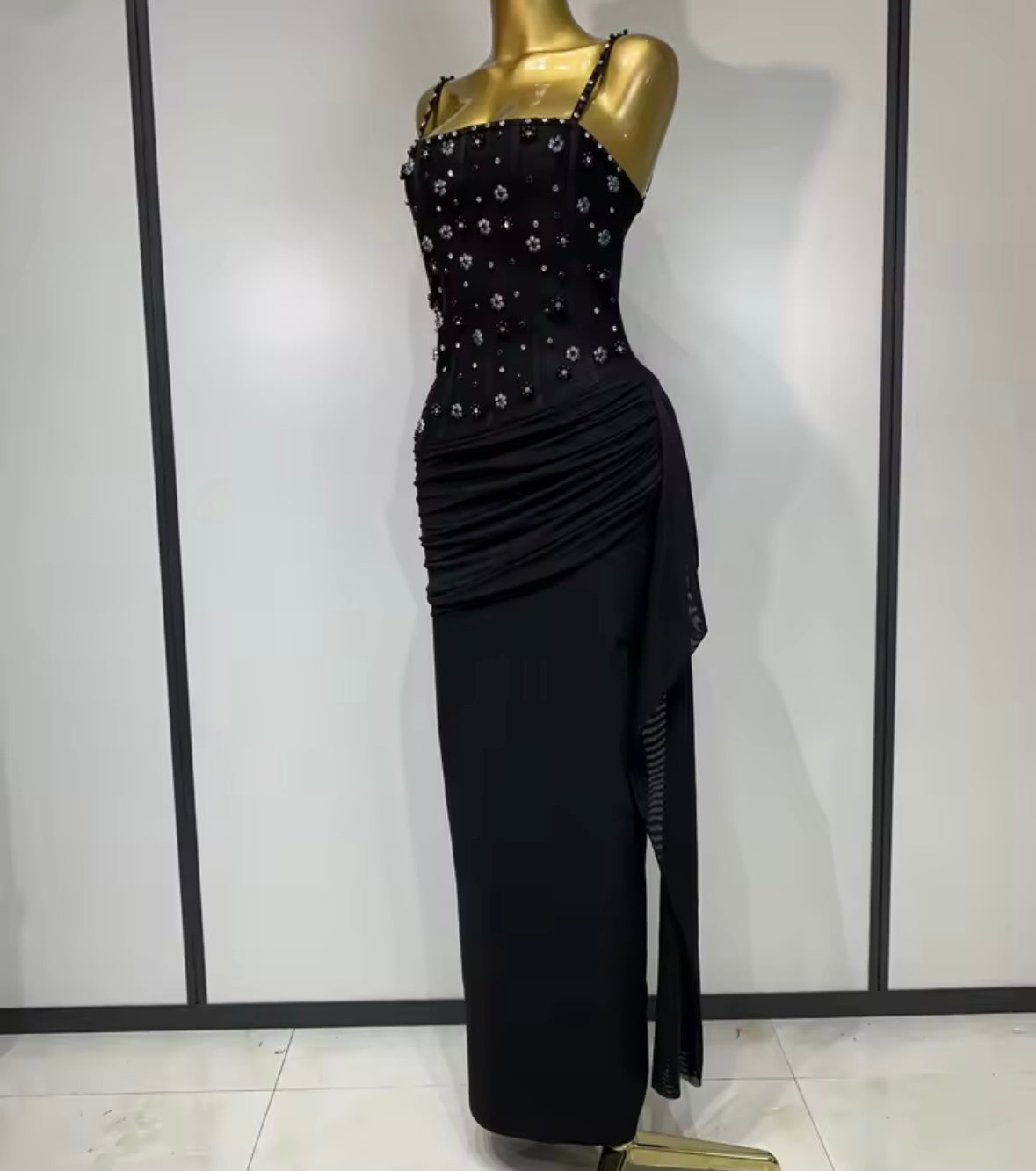 Black Sleeveless Floral Beaded Ruche Tassel Maxi Dress
