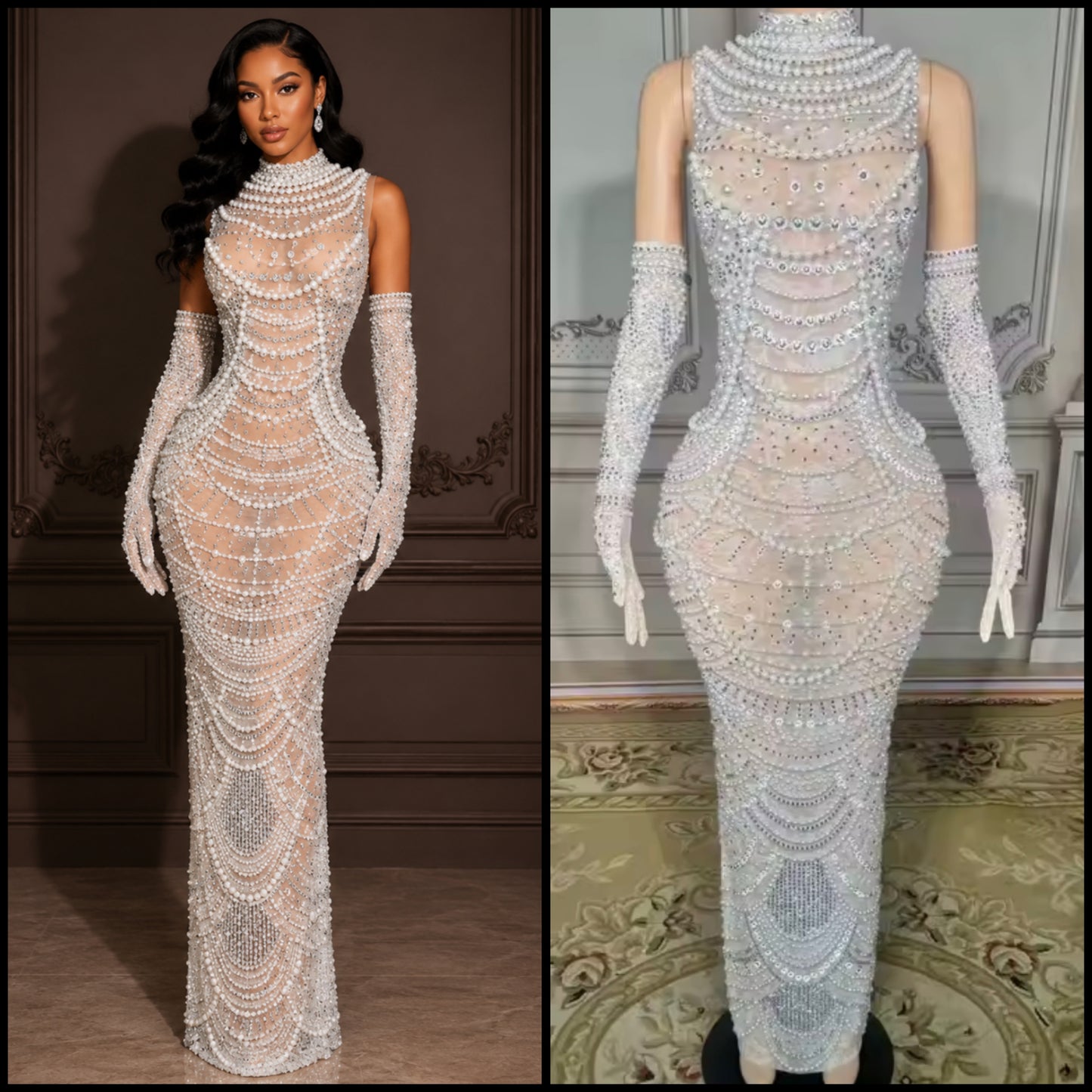 Sexy Beaded Rhinestone Glove See Through Maxi Dress