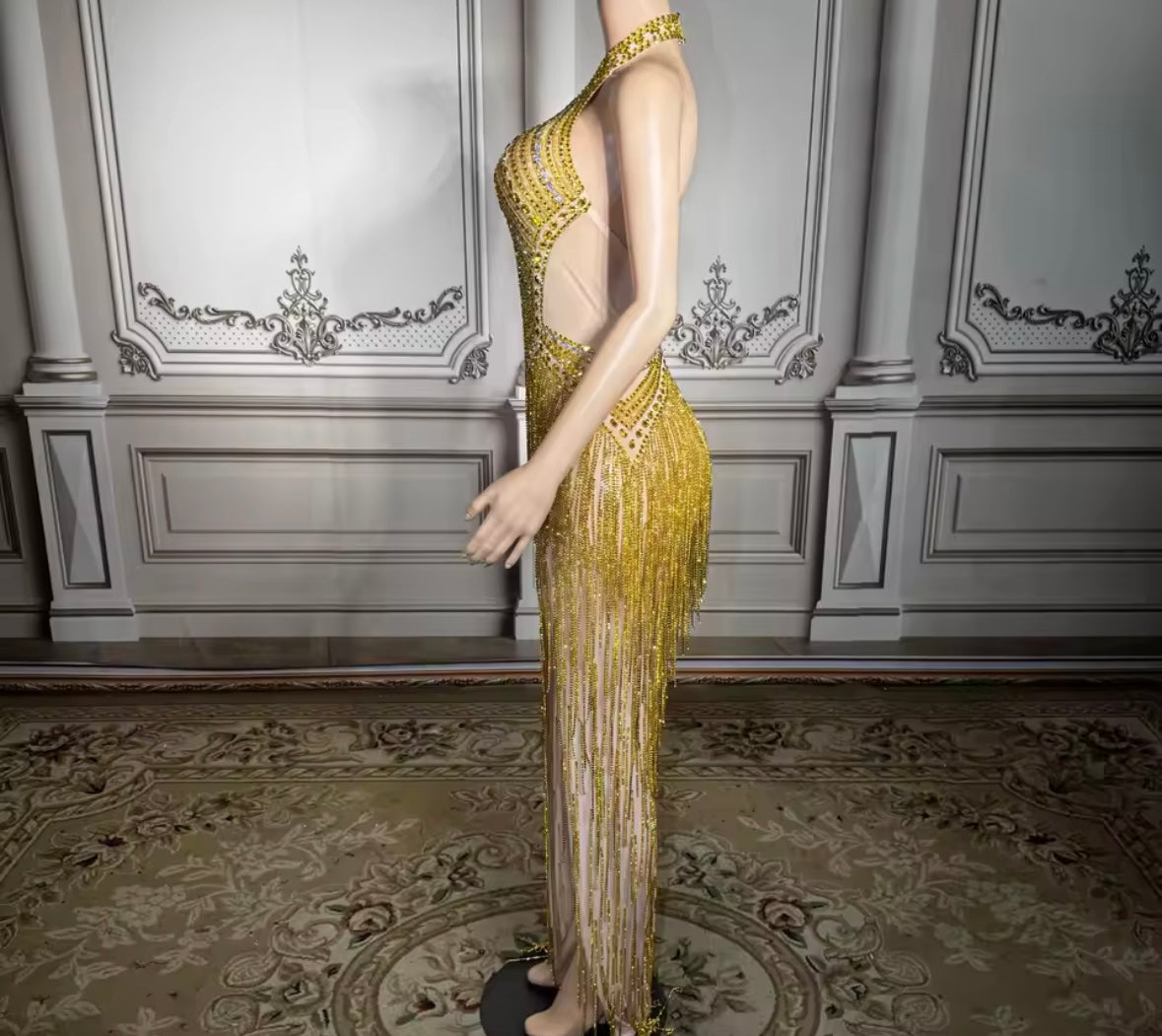 Gold Sexy Halter Sleeveless Rhinestone Fringe Tassel Maxi Dress