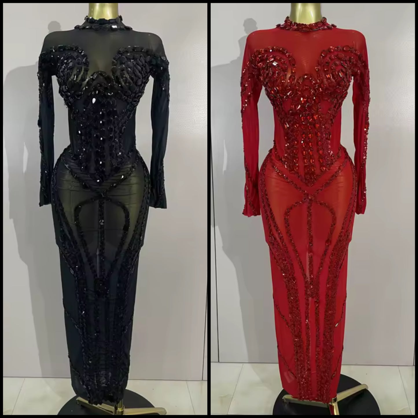Sexy Beaded Crystal Full Sleeve Floor-Length Dress