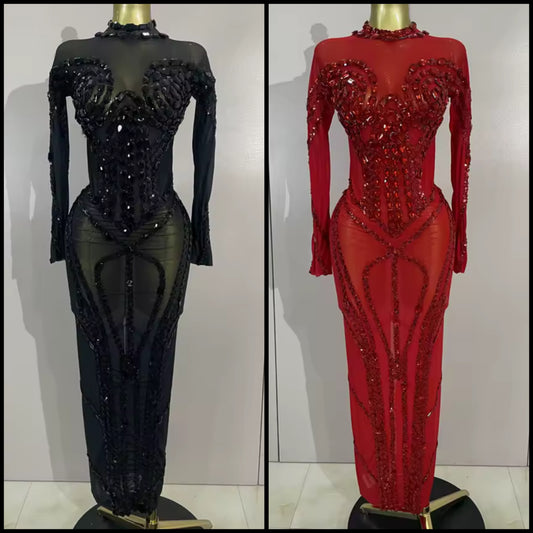 Sexy Beaded Crystal Full Sleeve Floor-Length Dress