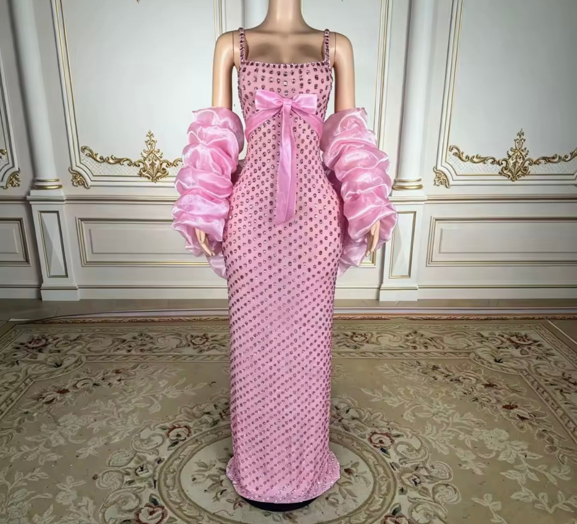 Pink Bow Rhinestone Sleeveless Sexy Maxi Dress