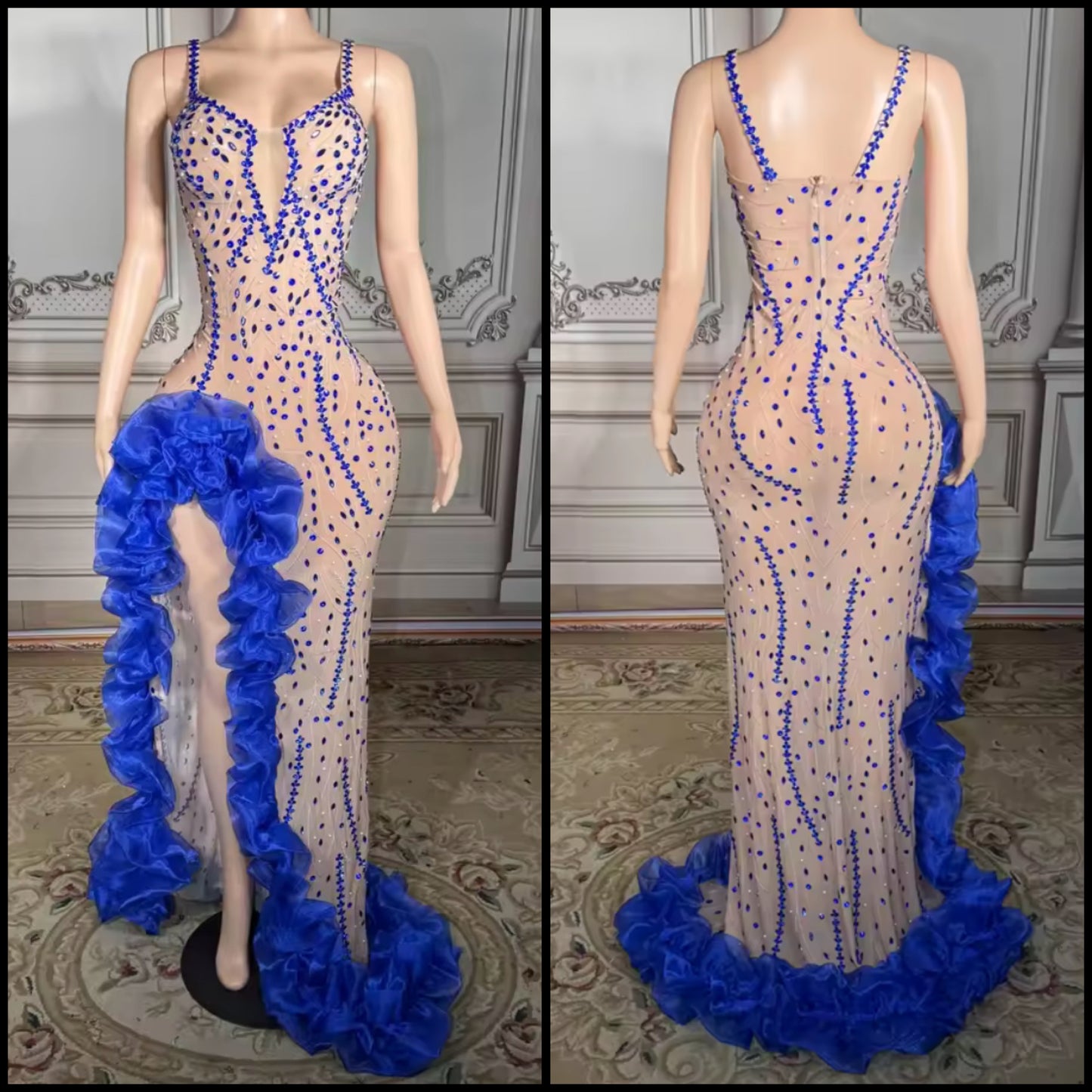 Sexy Sleeveless Blue Ruffle Rhinestone Side Split Maxi Dress
