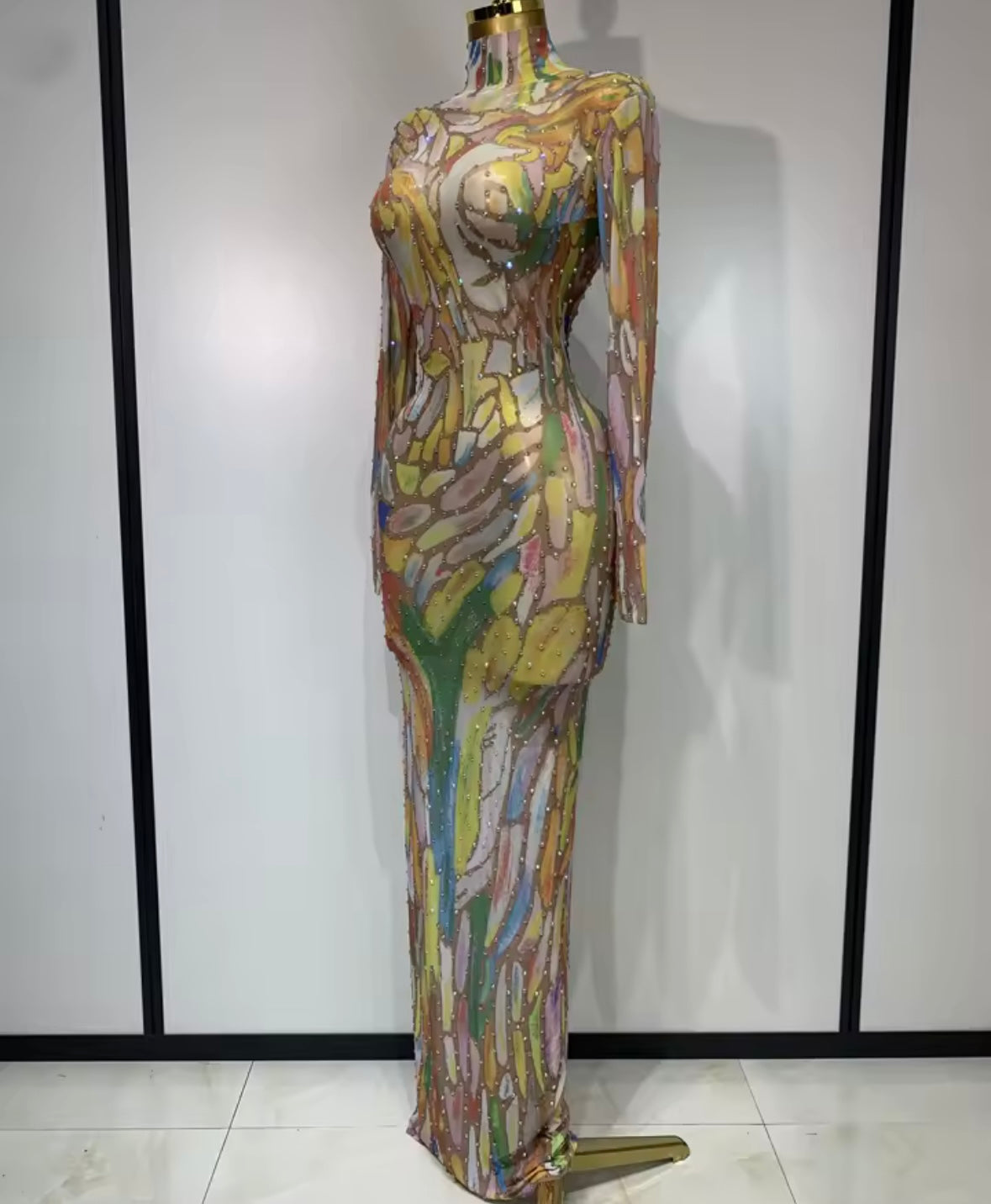 Multicolored Rhinestone Full Sleeve Floor-Length Dress