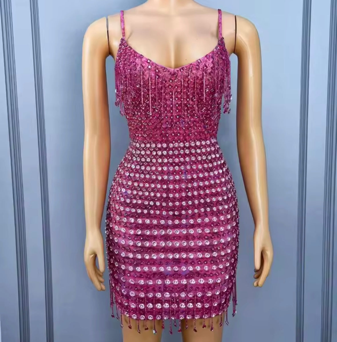 Pink Sexy Sleeveless Rhinestone Tassel Dress