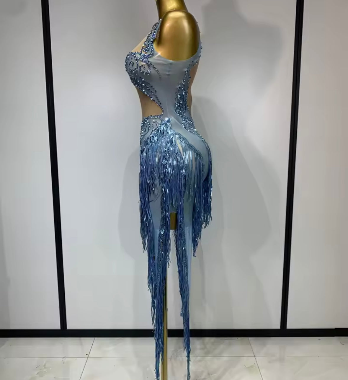 Blue Sleeveless Sequins Rhinestone Tassel Dress