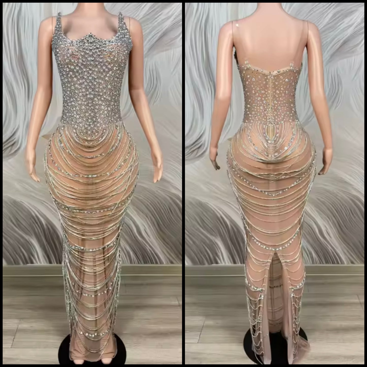 Sexy Sleeveless Rhinestone Chain See Through Maxi Dress