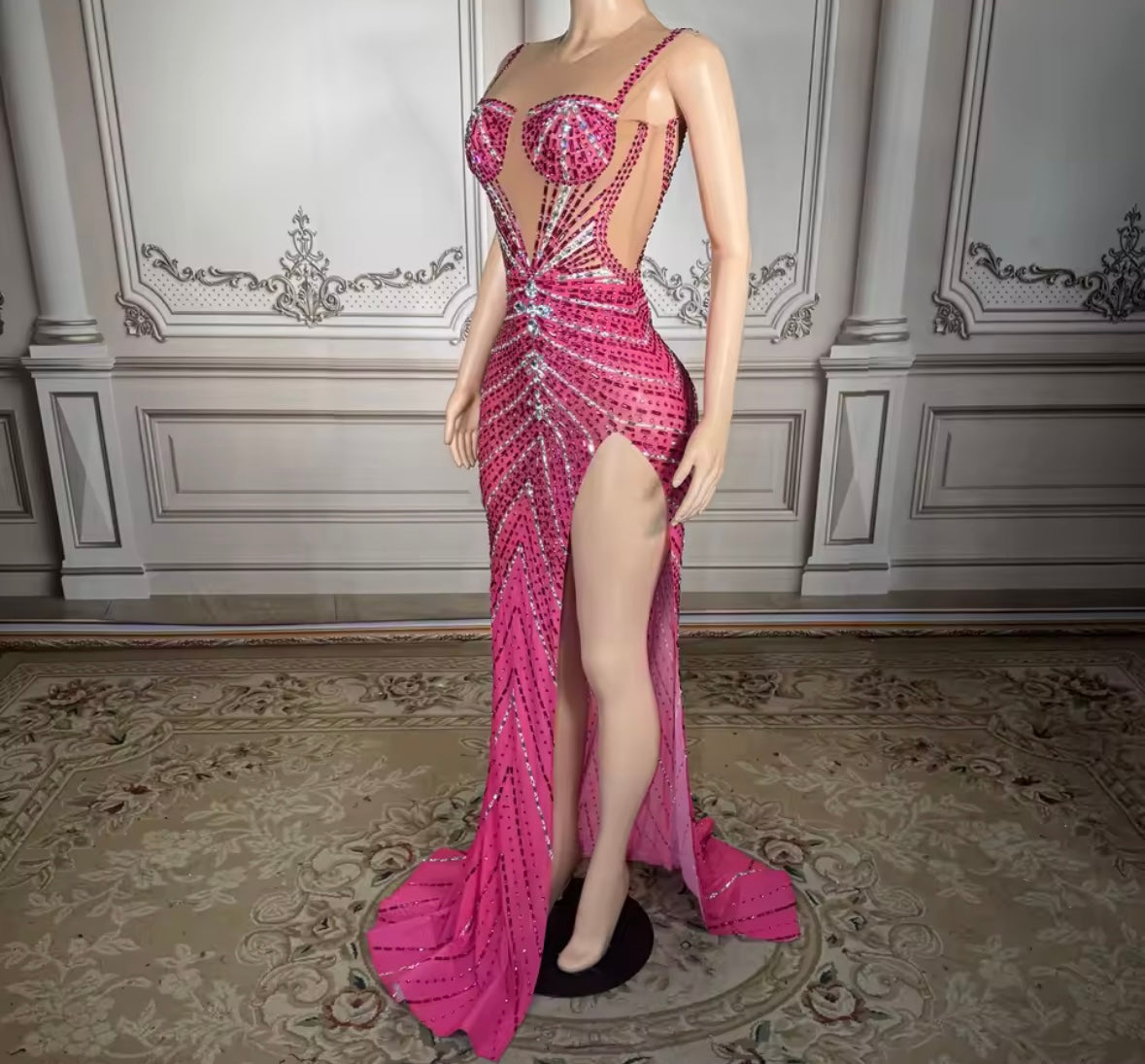 Pink Sexy Sleeveless Rhinestone Embellishment Floor-Length Dress