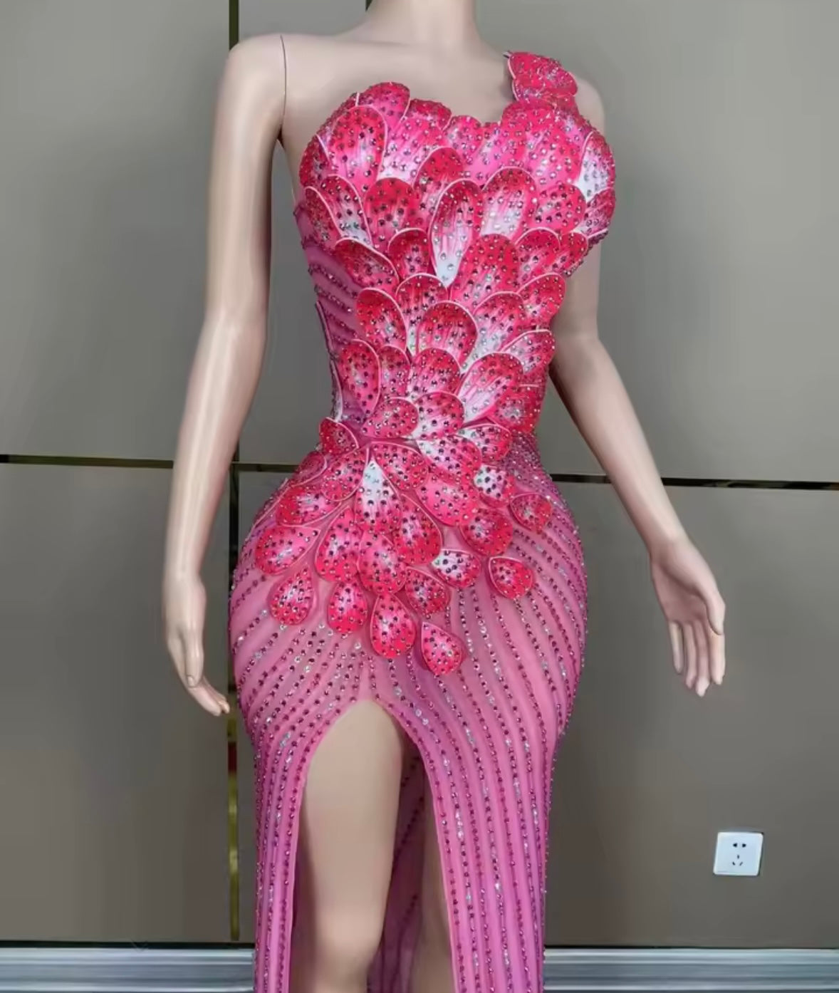 Pink Sexy Sleeveless Floral Rhinestone Floor-Length Dress
