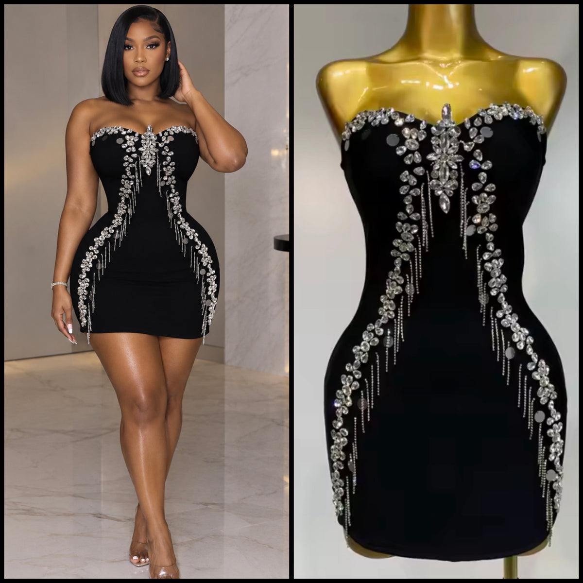 Sexy Black Strapless Rhinestone Tassel Bandage Dress