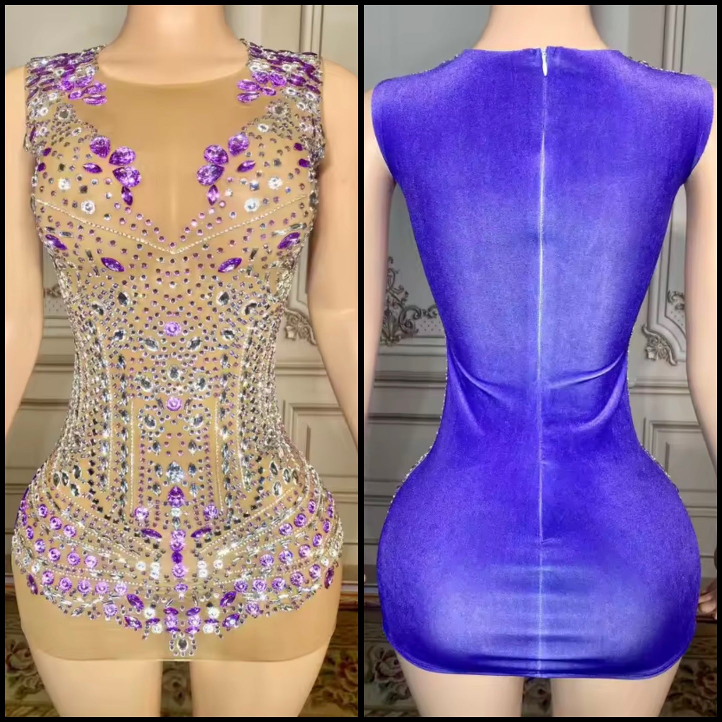 Sexy Sleeveless See Through Rhinestone Mini Dress