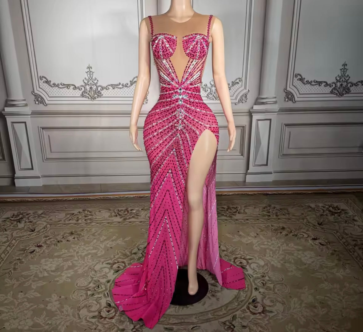 Pink Sexy Sleeveless Rhinestone Embellishment Floor-Length Dress