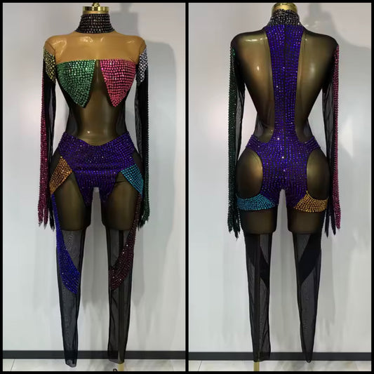 Color Crystal Embellishment Full Sleeve Jumpsuit