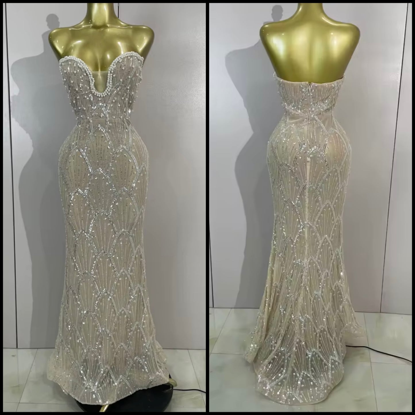 Pearl Beaded Sequins Strapless Elegant Floor-Length Dress