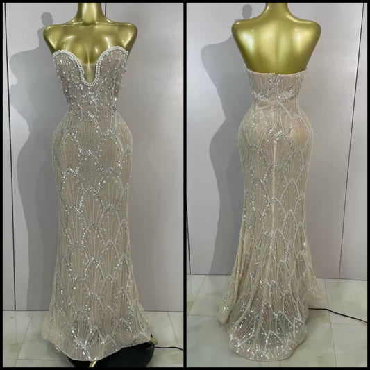 Pearl Beaded Sequins Strapless Elegant Floor-Length Dress