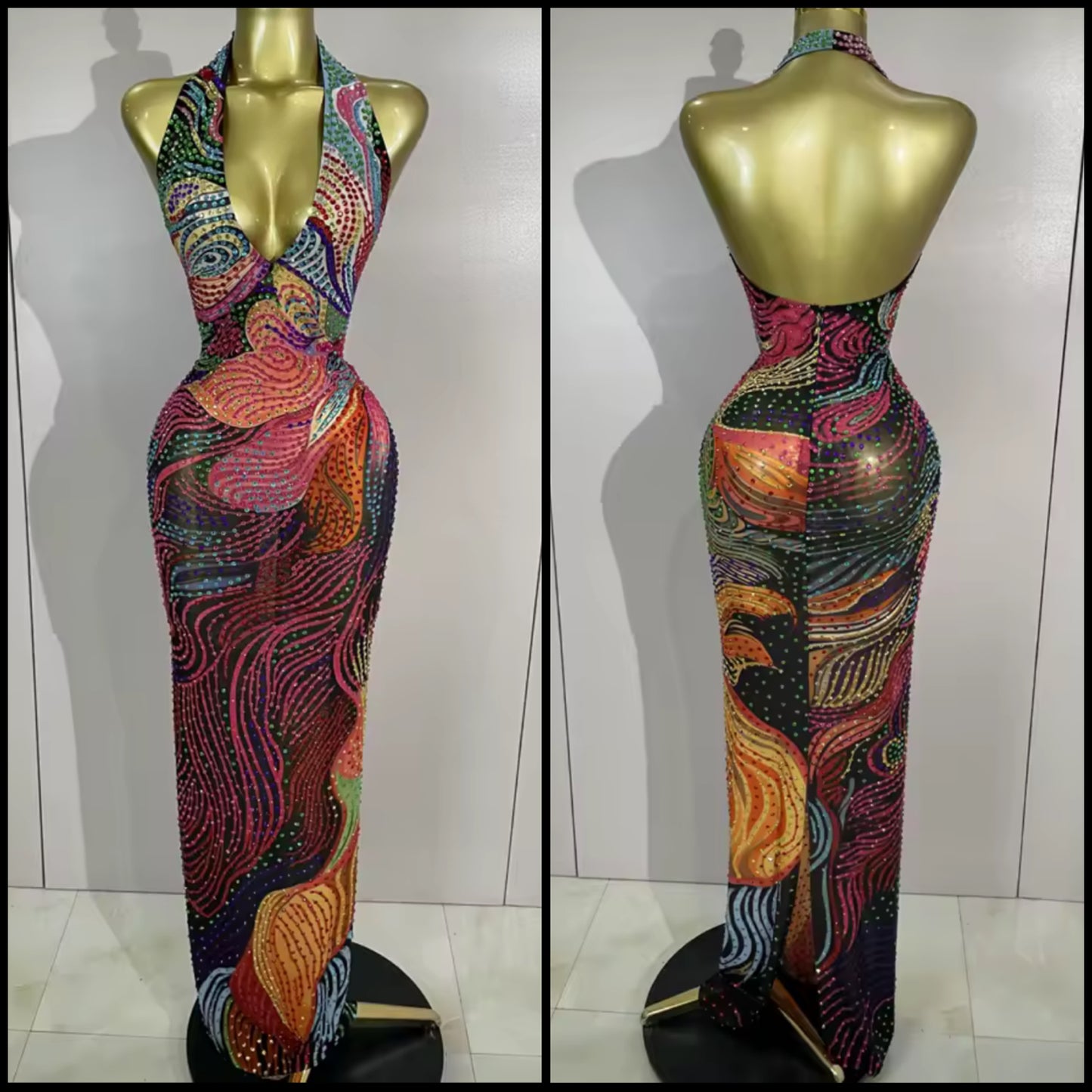 Sexy Halter Sleeveless Multicolored Rhinestone Maxi Dress