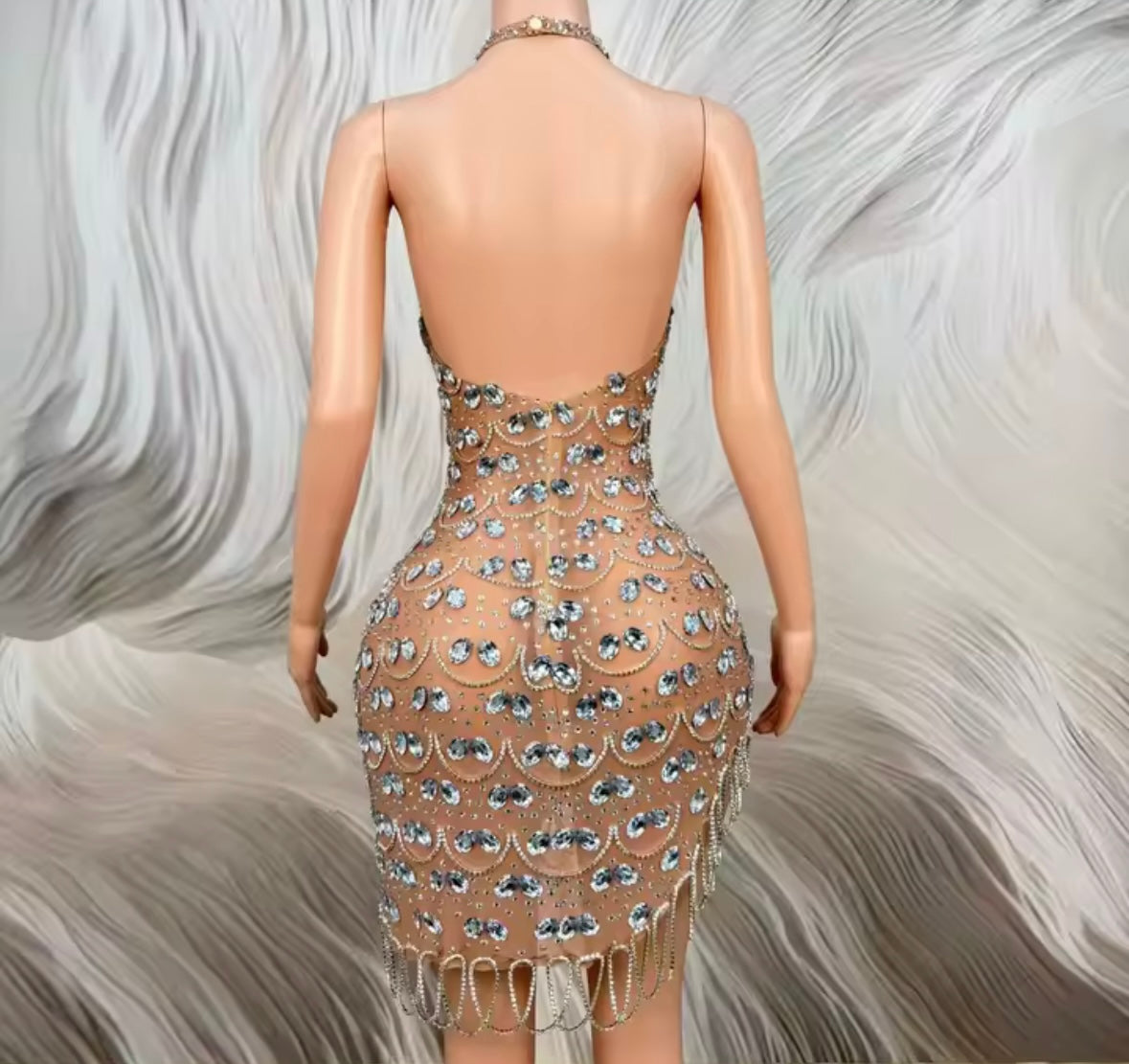 Sexy Halter Sleeveless Rhinestone Tassel Asymmetrical Dress