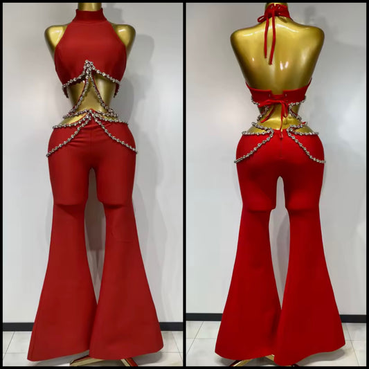 Red Halter Rhinestone Sexy Bandage Pant Set