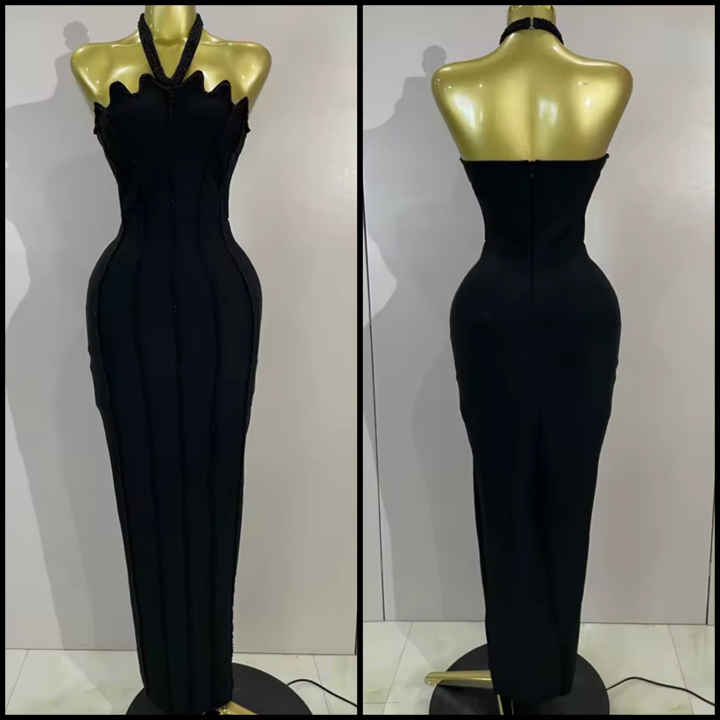 Black Beaded Halter Sleeveless Sexy Maxi Dress