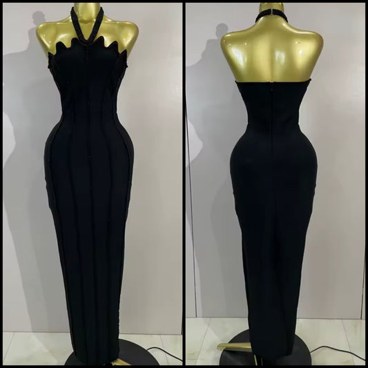 Black Beaded Halter Sleeveless Sexy Maxi Dress