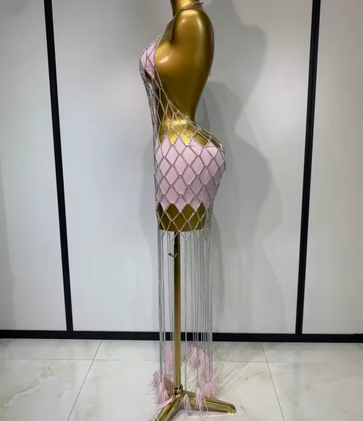 Sexy Pink Halter Sleeveless See Through Chain Tassel Dress