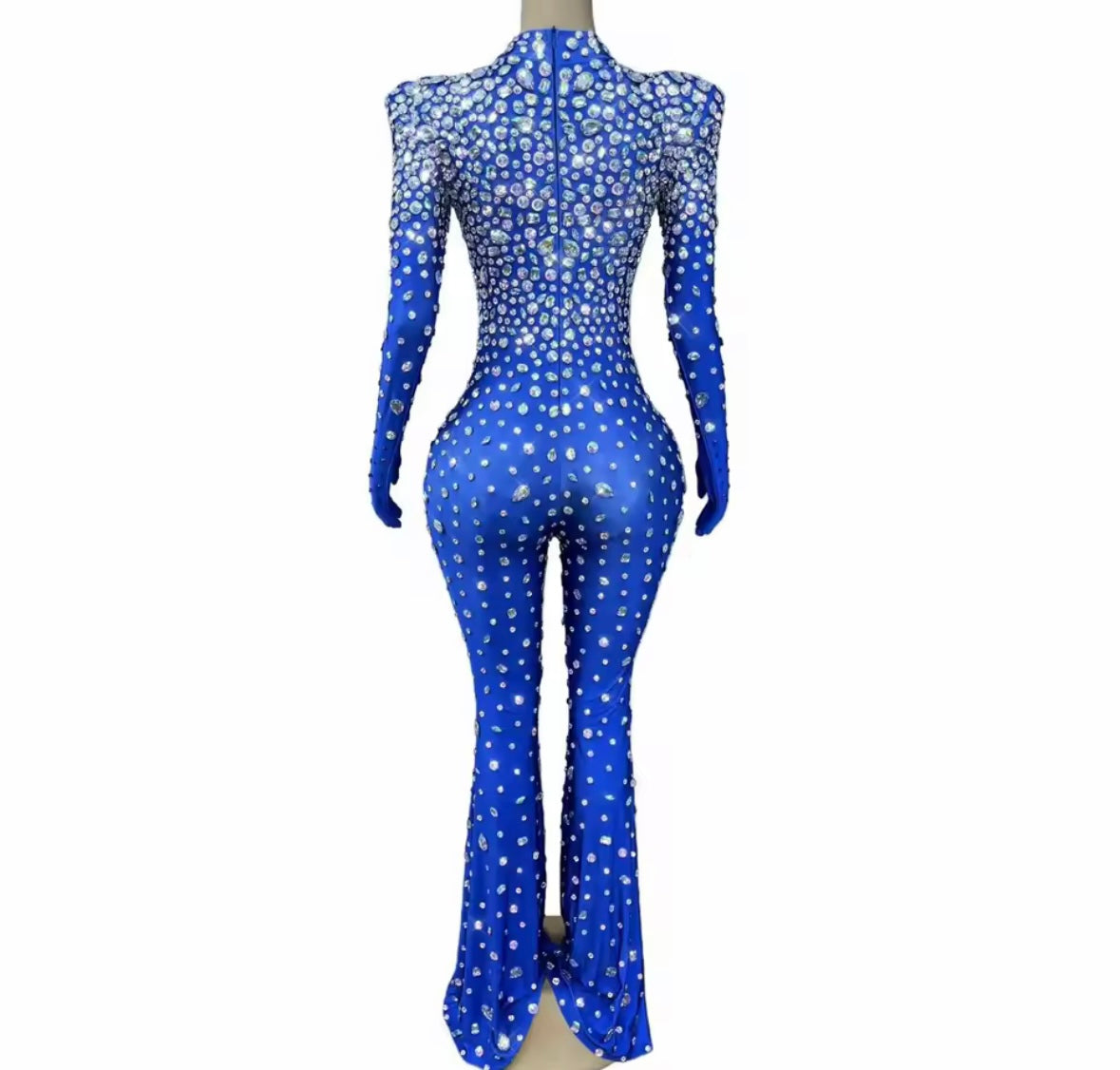 Elegant Rhinestone Glove Full Sleeve Jumpsuit