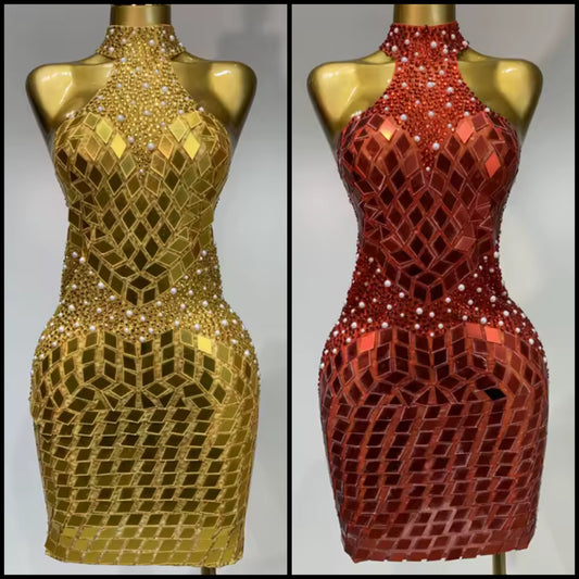 Sexy Sleeveless Beaded Mirror Dress