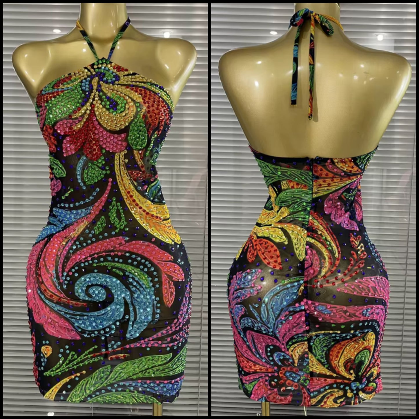 Sexy Halter Sleeveless Colorful Rhinestone Dress