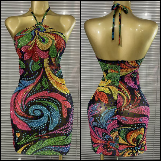 Sexy Halter Sleeveless Colorful Rhinestone Dress