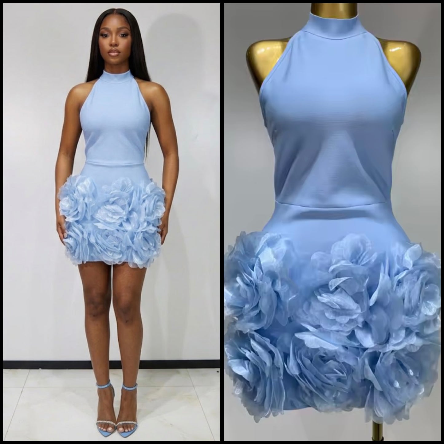 Blue Sexy Halter Sleeveless Floral Dress