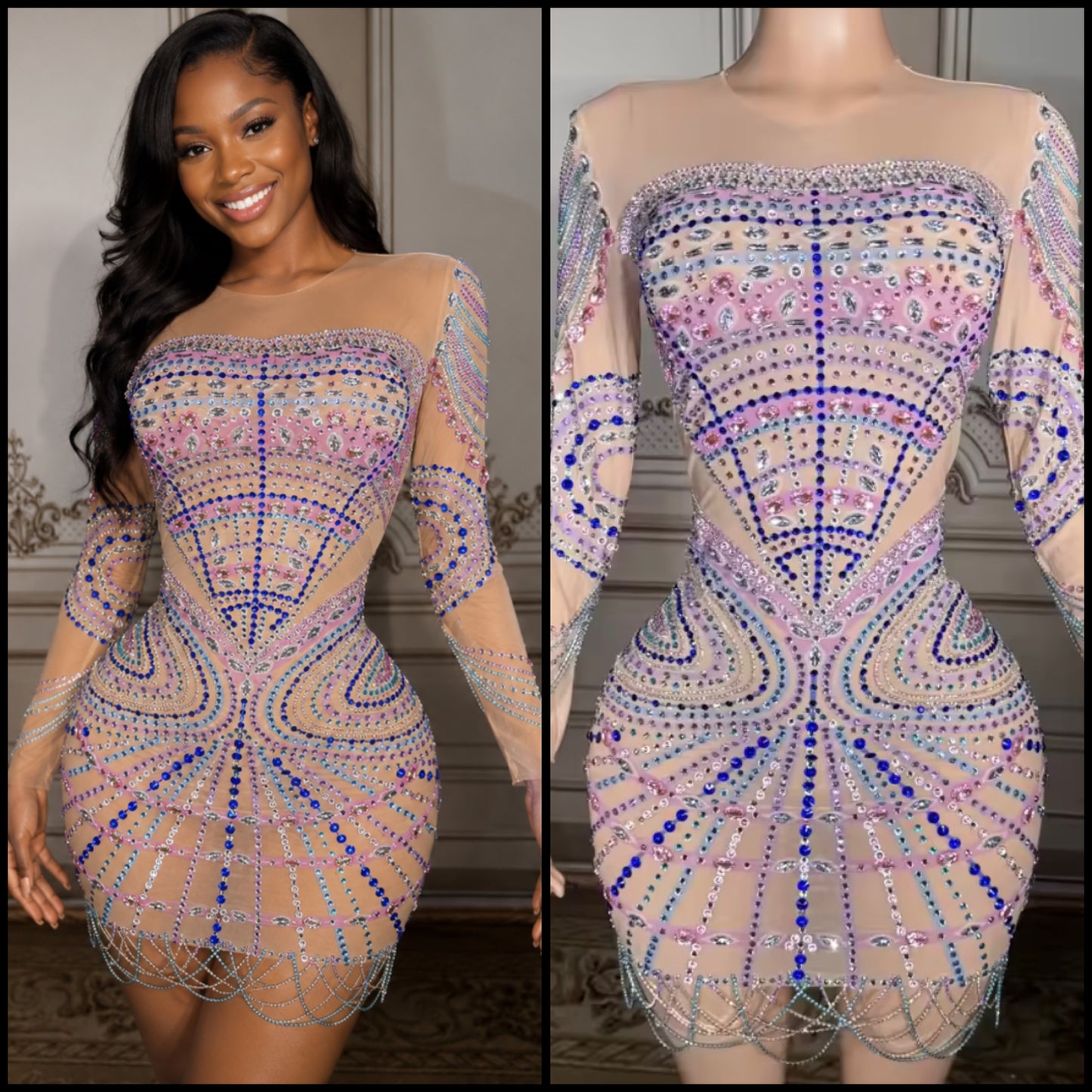 Sexy Color Rhinestone Full Sleeve See Through Dress