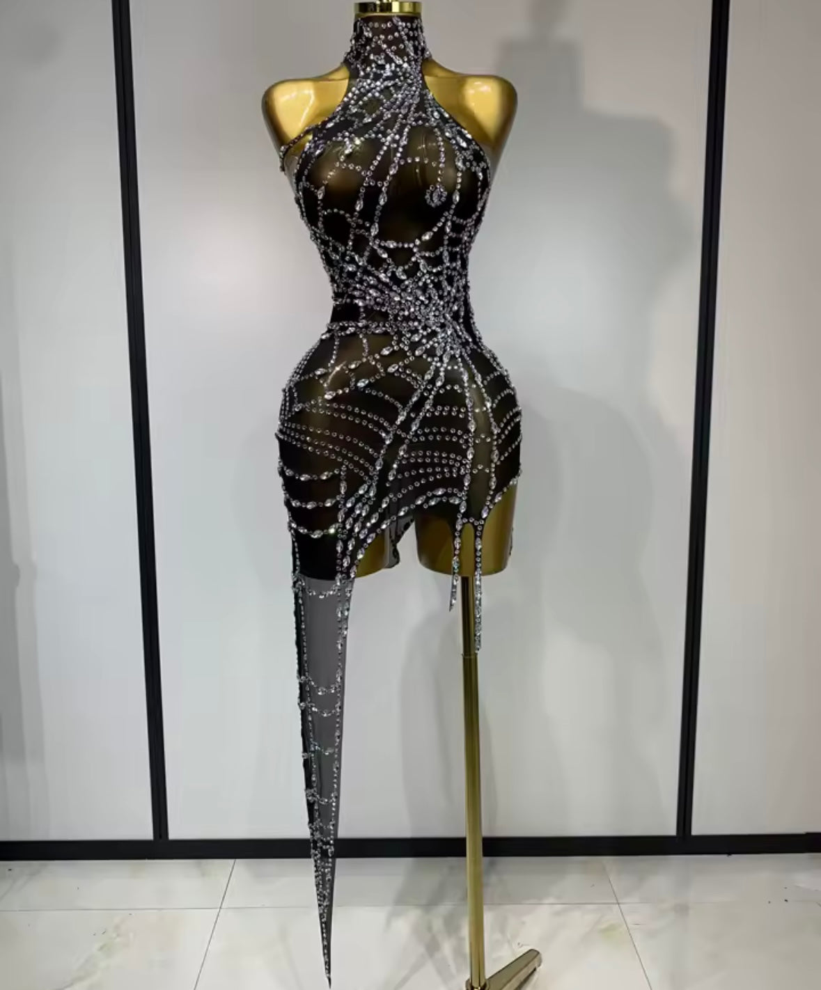 Sexy Rhinestone Mesh Sleeveless Asymmetrical Dress