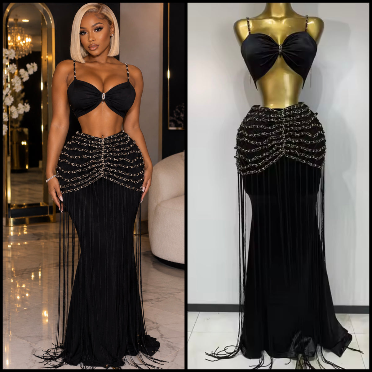 Sexy Black Sleeveless Chain Fringe Tassel Maxi Skirt Set