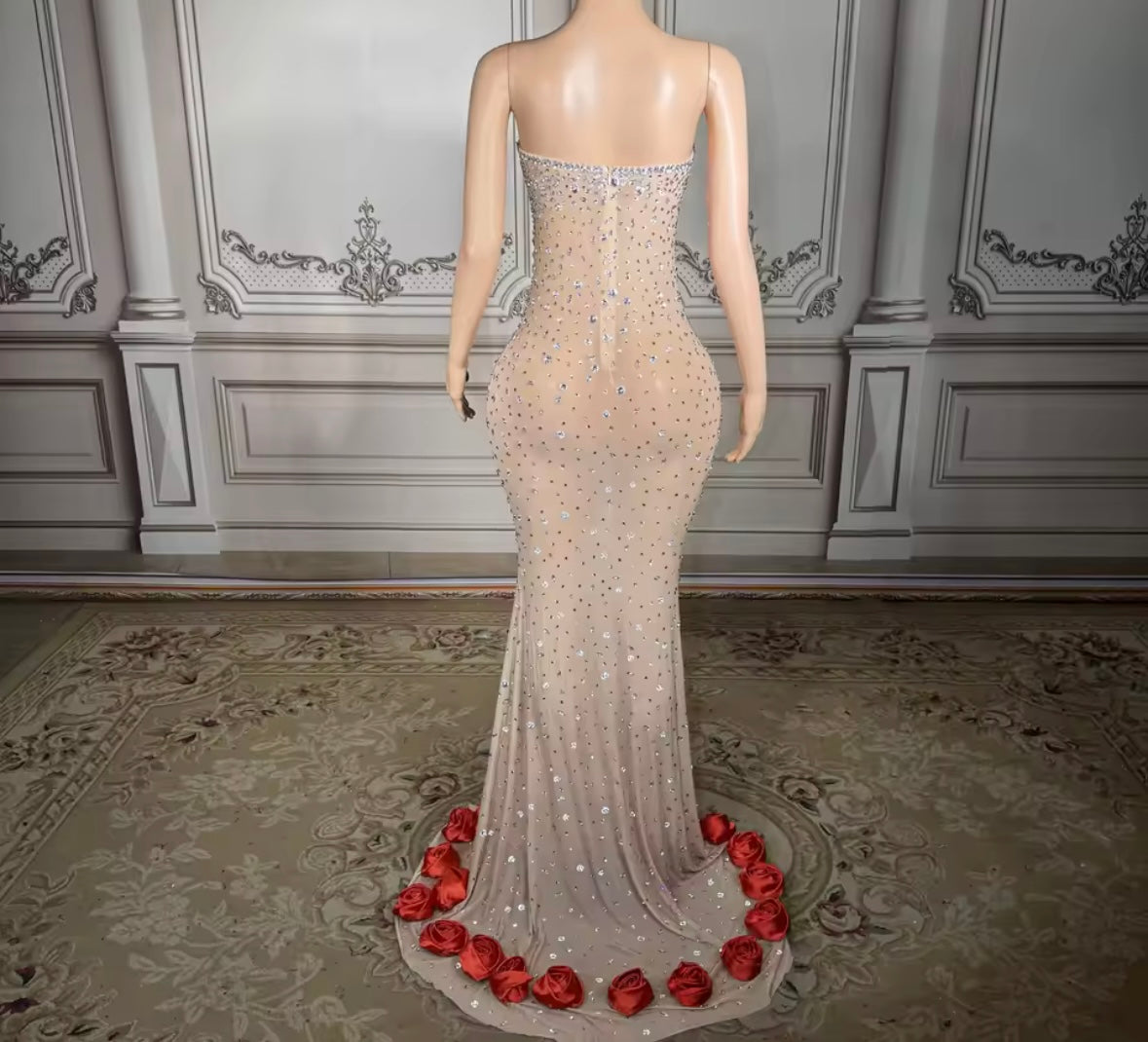 Strapless See Through Rhinestone Rose Sexy Floor-Length Dress