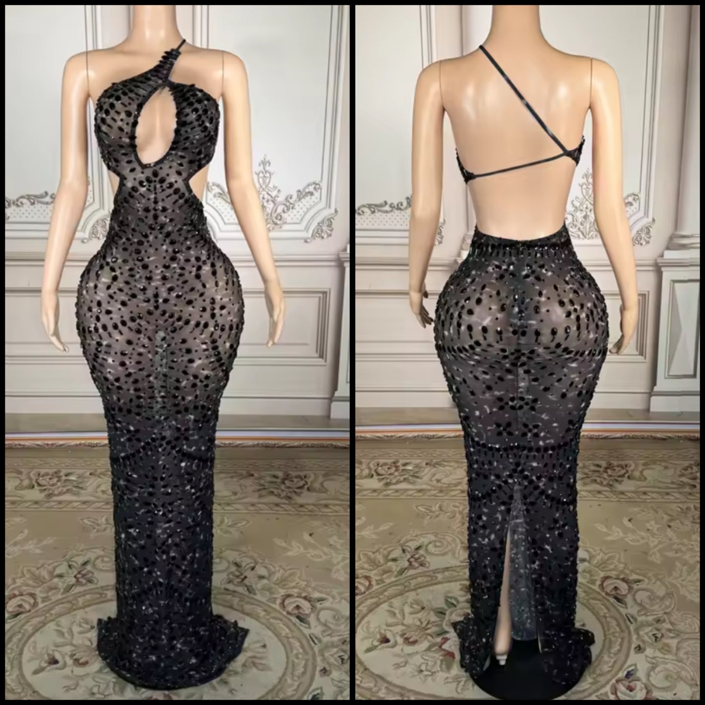 Sexy Black Sleeveless Open Back Crystal Floor-Length Dress
