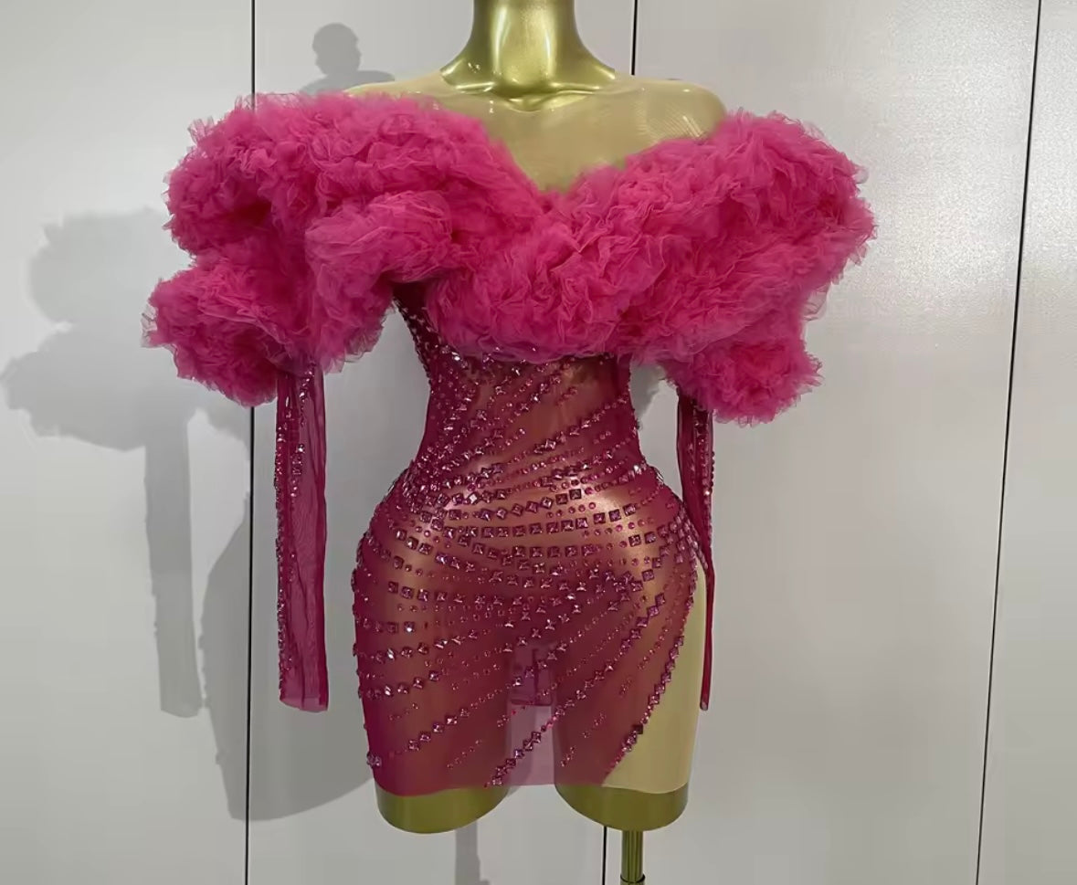 Pink Ruffle Off The Shoulder Sexy Rhinestone Dress